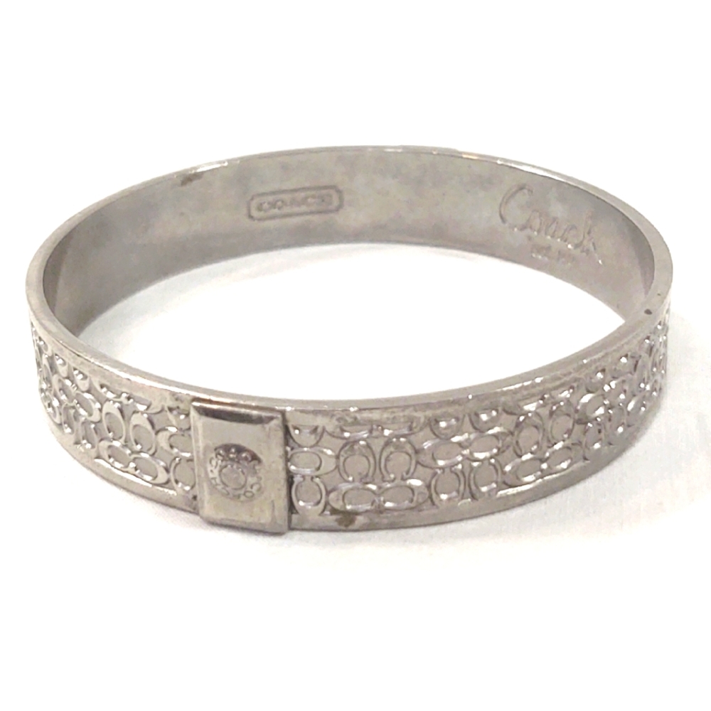 Designer Coach Silver Wide Signature Logo Bracelet